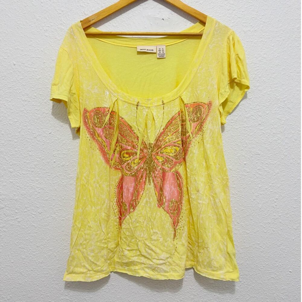 Vintage y2k DKNY t-shirt yellow graphic t butterfly grunge girly mall core